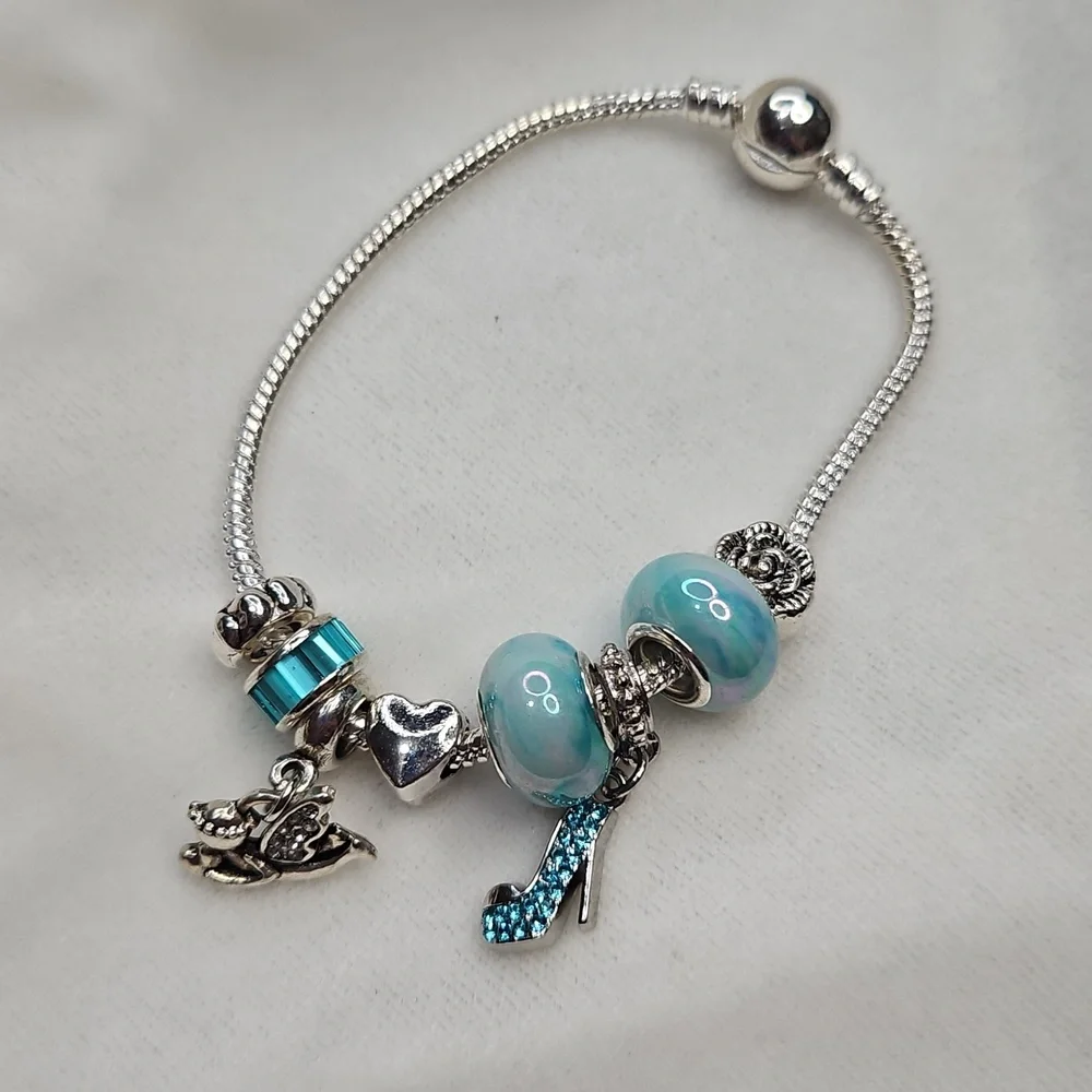 Ladies Charm Bracelet Blue Beaded Heart Angel Shoe Charm Bracelet Silver Tone
